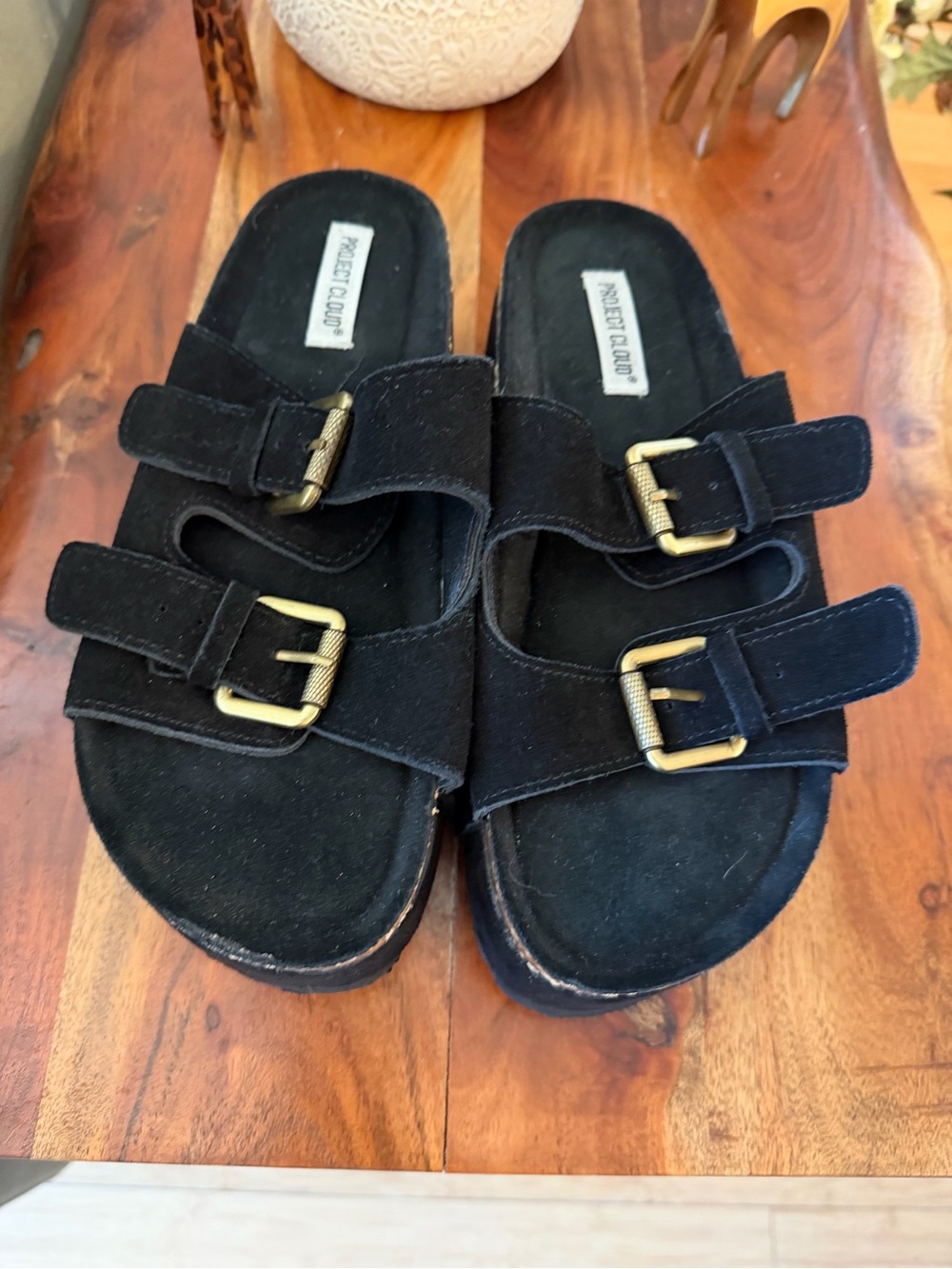 Project Cloud Like New Black Double-Buckle Slide Sandals